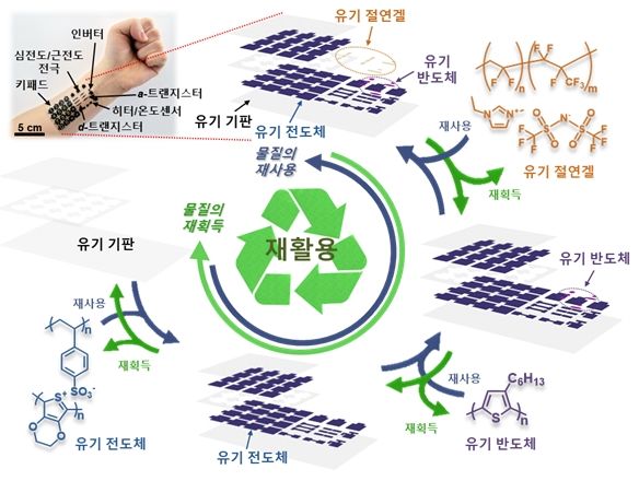 [울산=뉴시스] UNIST(울산과학기술원)는 화학과 심교승 교수팀이 모든 소재를 회수하고 재활용할 수 있는 유기물 기반의 유연한 전자 소자와 웨어러블 기기를 개발했다고 7일 밝혔다. 재활용 가능한 유기물 기반의 유연성 전자기기 및 재활용 과정 *재판매 및 DB 금지