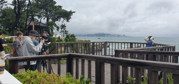 [부산=뉴시스] 기장군 공무원들이 인플루언서 파트리샤와 함께 관광유트브 '기장카먼'을 제작하고 있다. (사진=기장군 제공) *재판매 및 DB 금지