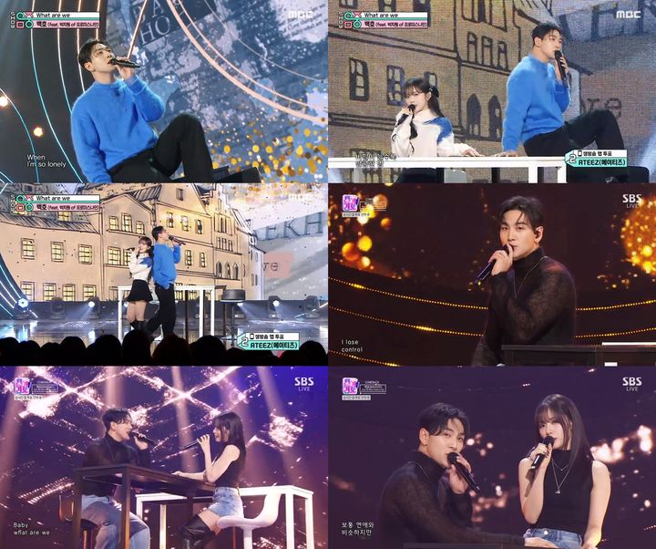 [서울=뉴시스] 백호는 지난 9일 MBC TV '쇼! 음악중심'과 10일 SBS TV '인기가요'에 연이어 출연해 새 디지털 싱글 '왓 아 위(What are we)'로 컴백 무대를 펼쳤다. 피처링에 참여한 그룹 '프로미스나인' 멤버 박지원도 두 무대 모두 함께했다. (사진=MBC TV '쇼! 음악중심', SBS TV '인기가요' 방송화면 캡처) 2023.12.11. photo@newsis.com *재판매 및 DB 금지