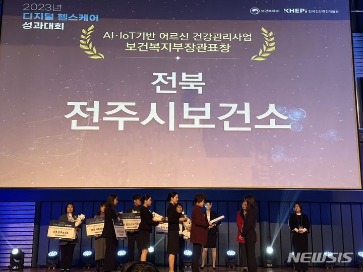 [전주=뉴시스]윤난슬 기자 = 전북 전주시보건소는 11일 보건복지부와 한국건강증진개발원이 공동으로 주관한 '2023년 디지털 헬스케어 성과대회'에서 AI·IoT 기반 어르신 건강관리사업 분야 우수기관으로 선정돼 보건복지부 장관상과 한국사회보장정보원장상을 받았다.(사진=전주시 제공)&nbsp; 