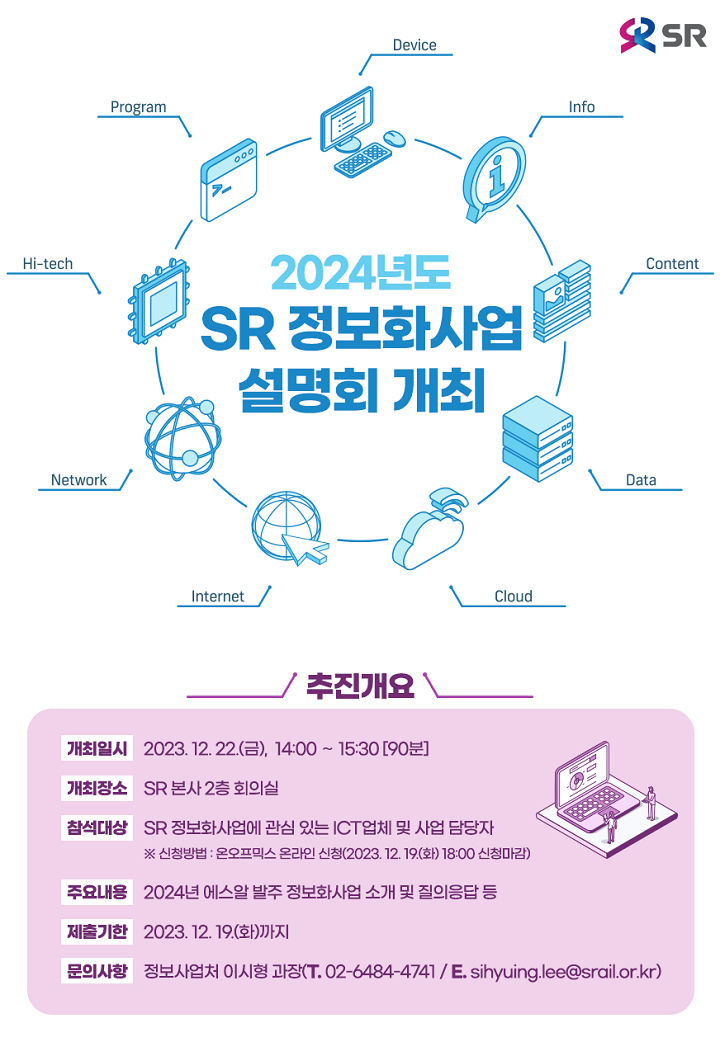 [서울=뉴시스] 에스알(SR, 대표이사 이종국)은 22일(금) 에스알 2024년 정보화사업 설명회에 참가할 ICT기업을 12일(화)부터 모집한다. 2023.12.12. (사진= SR 제공) photo@newsis.com *재판매 및 DB 금지