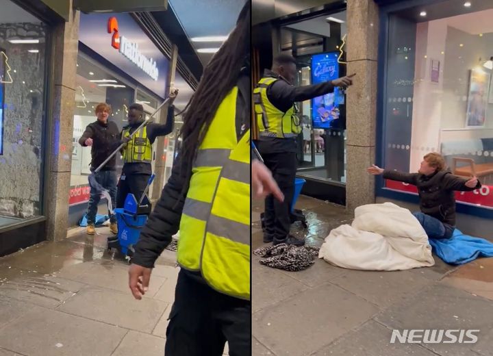 영국의 한 맥도날드 직원이 가게 앞에 침구를 깔고 있던 노숙자에게 양동이로 표백제를 뿌리는 영상이 소셜미디어(SNS)에 퍼져 논란이 됐다. 영국 맥도날드는 해당 직원들은 외주 보안요원들로 모두 해고됐고, 영상 속 노숙자를 찾아 사과하고 보상하겠다고 밝혔다. 출처 : @damocrat