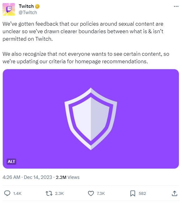 [서울=뉴시스] 트위치는 14일(현지시간) 공식 블로그와 엑스(전 트위터) 계정을 통해 간소화된 선정적인 콘텐츠 정책을 발표했다. (사진=트위치 엑스 캡처) *재판매 및 DB 금지