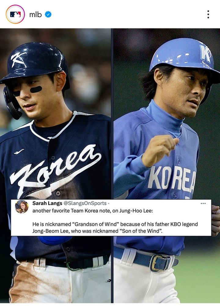 미국 메이저리그(MLB)가 이정후(왼쪽)와 그의 아버지 이종범을 소개하고 있다. (사진=MLB 인스타그램 캡처)&nbsp; *재판매 및 DB 금지