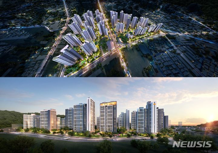 [서울=뉴시스] 창원 회원2구역 주택재개발정비사업 조감도 및 투시도. (이미지=DL건설 제공)