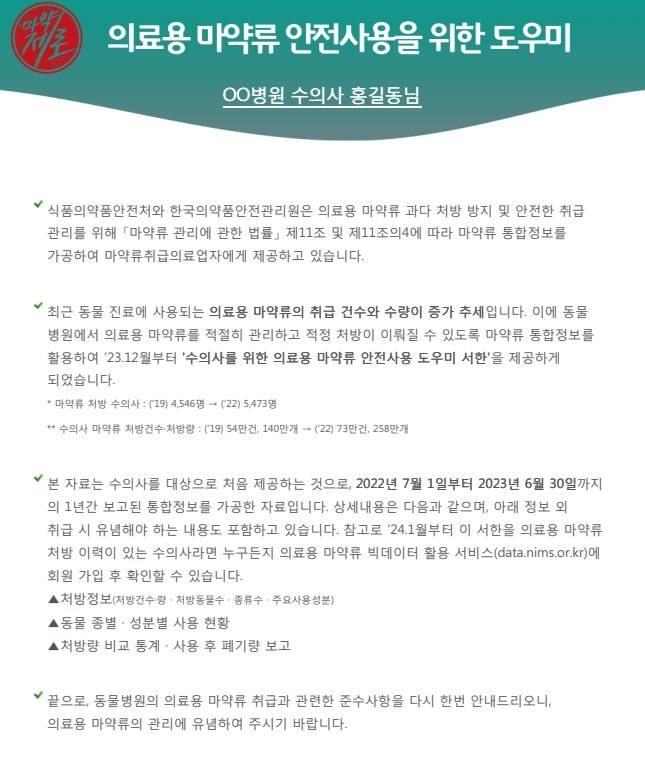 [서울=뉴시스] 마약류 안전사용 도우미 서한 견본 (사진=식약처 제공) 2023.12.20. photo@newsis.com *재판매 및 DB 금지