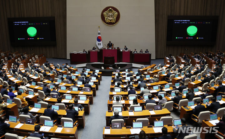 [서울=뉴시스] 이영환 기자 = 20일 오후 서울 여의도 국회에서 열린 제411회국회(임시회) 제1차 본회의에서 민사소송법 일부개정법률안(대안)이 재적 298인, 재석 254인, 찬성 253인, 반대 0인, 기권 1인으로 가결되고 있다. 2023.12.20. 20hwan@newsis.com