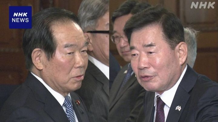 [서울=뉴시스] 일본을 방문 중인 김진표 국회의장이 26일 누카가 후쿠시로 일본 중의원(하원) 의장과 회담을 갖고 의회와 의원 간 교류를 거듭해 양국의 관계 개선을 뒷받침해 나가는 것을 확인했다. (사진출처: NHK) 2023.12.26. *재판매 및 DB 금지