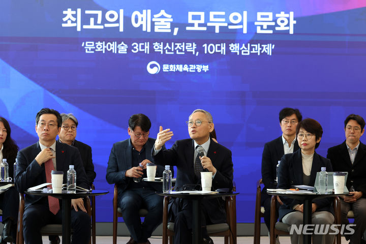 [서울=뉴시스] 박진희 기자 = 유인촌 문화체육관광부 장관이 28일 서울 서대문구 모두예술극장에서 최고의 예술, 모두의 문화를 위한&nbsp; '문화예술 3대 혁신전략, 10대 핵심과제'를 발표하고 있다. 2023.12.28. pak7130@newsis.com