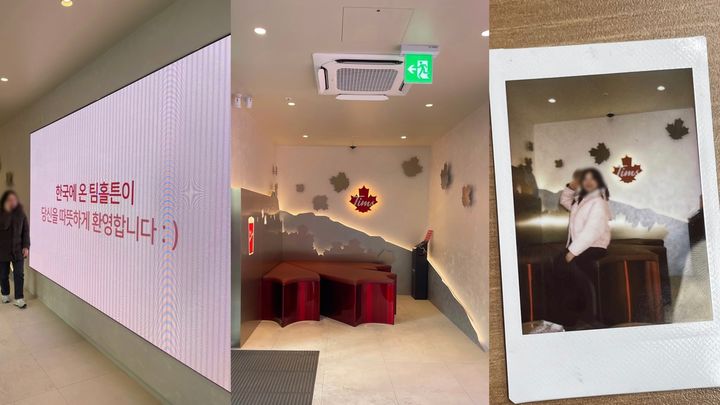 28일 팀홀튼 선릉역점으로 향했다. 왼쪽부터 팀홀튼 입구 정면에서 볼 수 있는 전광판, 왼편에 있는 단풍잎 모양 소파, 폴라로이드 이벤트 사진. *재판매 및 DB 금지