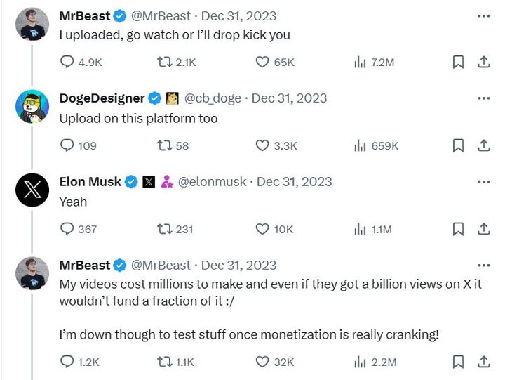 유튜버 미스터비스트와 일론 머스크가 X에서 나눈 대화 (사진=미스터비스트 X 개인계정 캡처) *재판매 및 DB 금지