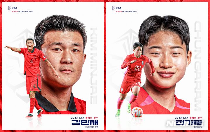 [서울=뉴시스] 2023년 대한축구협회 선정 '올해의 선수'로 뽑힌 김민재와 천가람. (사진=대한축구협회 제공) *재판매 및 DB 금지