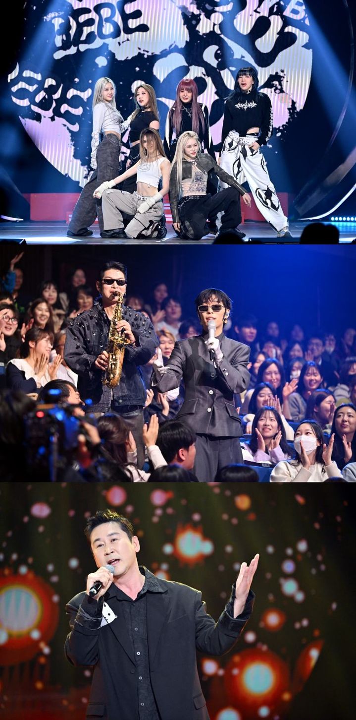 [서울=뉴시스] 댄스크루 베베와 혼성듀오 악뮤 이찬혁, 방송인 신동엽이 2일 서울 영등포구 KBS 신관 공개홀에서 열린 KBS 2TV 음악 프로그램 '더 시즌즈-이효리의 레드카펫' 녹화에 참여했다. (사진=KBS 제공) 2024.01.03. photo@newsis.com *재판매 및 DB 금지