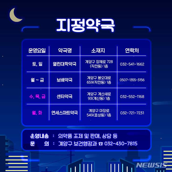 [인천=뉴시스] 2024년 인천 계양구 공공심야약국. (이미지=계양구 제공)