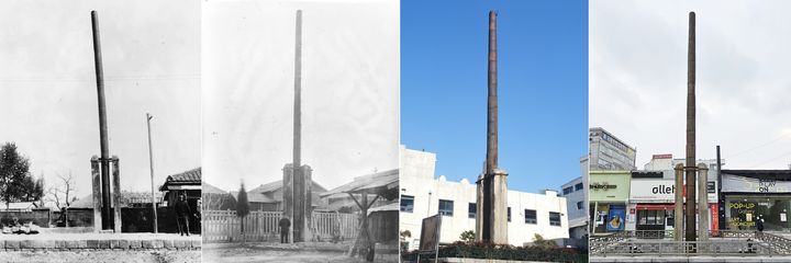 [청주=뉴시스] 강신욱 기자 = 충북 청주시 상당구 남문로2가의 국보 '청주 용두사지 철당간'의 변천 모습이다. 왼쪽부터 일제강점기 연대 미상 유리건판 사진의 구부러진 철당간, 1933년 유리건판 사진, 1990년 5월, 현재 모습이다. (사진=국립중앙박물관·충북도 제공) 2023.01.04. photo@newsis.com *재판매 및 DB 금지