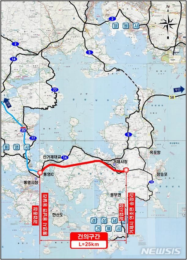 [창원=뉴시스] 거제-통영 고속도로 건설사업 중 거제시 연초면 송정리~통영시 용남면 동달리 24.6㎞ 구간 위치도.(자료=경남도 제공) 2024.01.05. photo@newsis.com