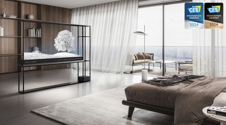 [서울=뉴시스]LG전자가 CES 2024에서 세계 최초의 무선 투명 올레드 TV를 공개한다. 'LG 시그니처 올레드 T'는 TV를 껐을 때 투명한 유리처럼 그 너머 공간을 보여줘 개방감이 뛰어날 뿐만 아니라 77형 4K 올레드 TV로서의 뛰어난 화질도 즐길 수 있다.(사진=LG전자 제공) photo@newsis.com *재판매 및 DB 금지