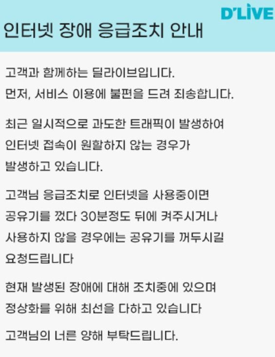 딜라이브가 홈페이지를 통해 안내한 '인터넷 장애 응급조치'(사진=딜라이브 홈페이지) *재판매 및 DB 금지