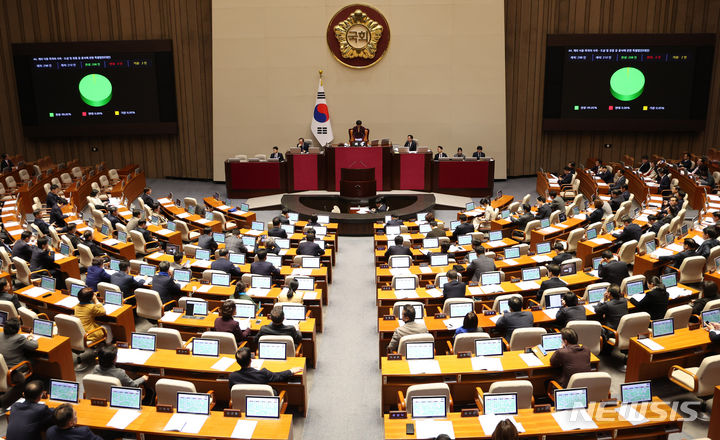 [서울=뉴시스] 추상철 기자 = 9일 오후 서울 여의도 국회 본회의장에서 열린 제411회국회(임시회) 4차 본회의에서 '개의 식용 목적의 사육ㆍ도살 및 유통 등 종식에 관한 특별법안(대안)'이 가결되고 있다. 2024.01.09. scchoo@newsis.com