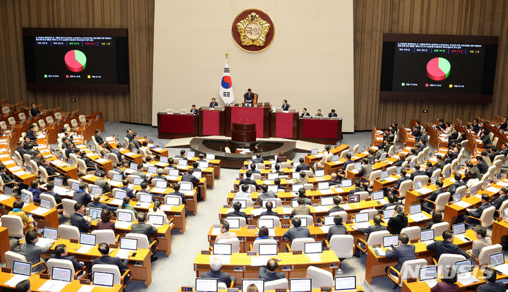 [서울=뉴시스] 추상철 기자 = 지난 9일 오후 서울 여의도 국회 본회의장에서 열린 제411회국회(임시회) 4차 본회의에서 '김건희 여사 특검법' 재의의 건 추가 상정이 부결되고 있다. 2024.01.09. scchoo@newsis.com