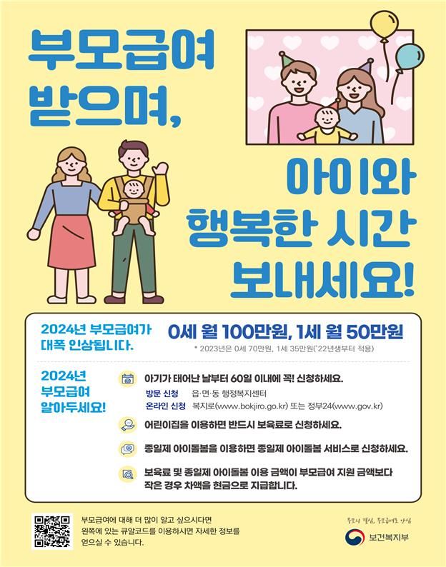 [서울=뉴시스] 11일 보건복지부에 따르면 올해부터 0세(0~11개월)인 아동의 가정은 월 100만 원을, 1세(12~23개월)인 아동은 월 50만 원의 부모급여를 받게 된다. (사진제공=복지부) 2024.01.11. photo@newsis.com *재판매 및 DB 금지