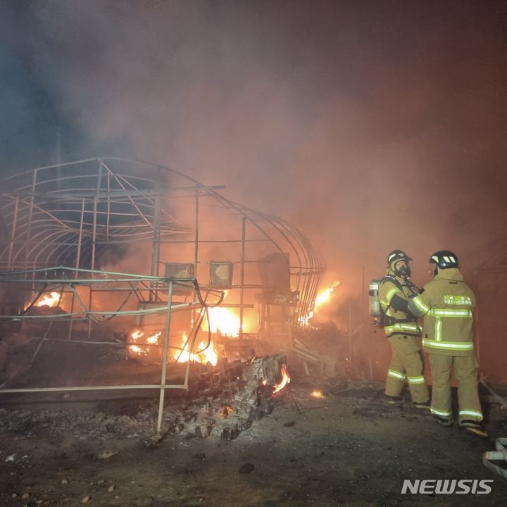 [영양=뉴시스] 12일 오후 11시6분께 경북 영양군 수비면의 한 비닐하우스에서 화재가 발생했다. (사진=경북소방본부 제공) 2024.01.13. photo@newsis.com