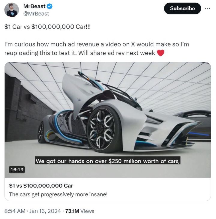 미국 유명 유튜버 미스트비스트(MrBeast)가 16일 X(옛 트위터)에 영상이 포함된 트윗을 게재했다. (사진=미스터비스트 X 계정 캡처) *재판매 및 DB 금지