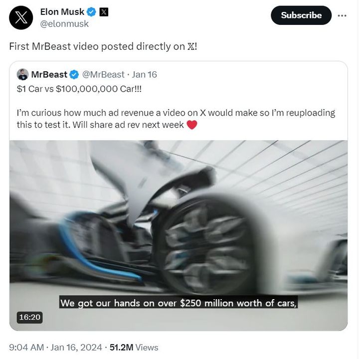 X를 인수한 일론 머스크가 미스터비스트의 영상이 포함된 트윗을 재게시(RT)하며 적극적으로 호응했다. (사진=일론 머스크 X 계정 캡처) *재판매 및 DB 금지