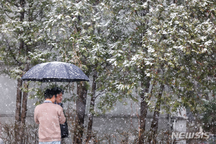 [서울=뉴시스] 황준선 기자 = 17일 오후 서울 종로구 한 거리에 시민들이 눈을 맞으며 발걸음을 옮기고 있다. 2024.01.17. hwang@newsis.com