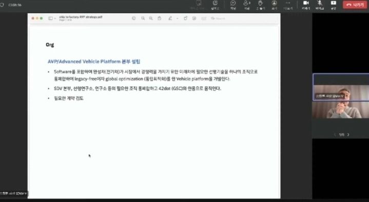 [서울=뉴시스] 현대차그룹 연구개발(R&D) 조직 구성원을 대상으로 R&D 조직 개편 방안에 대해 설명하는 송창현 AVP(첨단 차량 플랫폼)본부장 겸 포티투닷 대표. (사진=온라인 직장인 커뮤니티 게시글 갈무리) 2024.01.18 photo@newsis.com *재판매 및 DB 금지