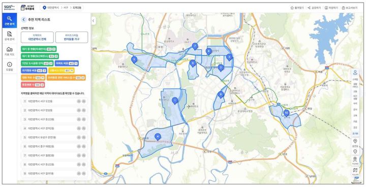 대전지역 전체에서 1~10위 지역을 추천하여 목록 및  위치정보를 제공하는 서비스 예시. (사진 = 통계청 제공) 2024.01.19.  *재판매 및 DB 금지