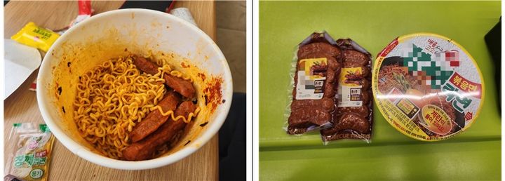 [수원=뉴시스] 이승주 기자 = 17일 오전 11시께 편의점에서 함모(11)군이 급식카드로 사 먹은 식단이다. 소시지 하나는 기자에게 나눠줬다. 2024.01.17. heyjude@newsis.com *재판매 및 DB 금지 *재판매 및 DB 금지