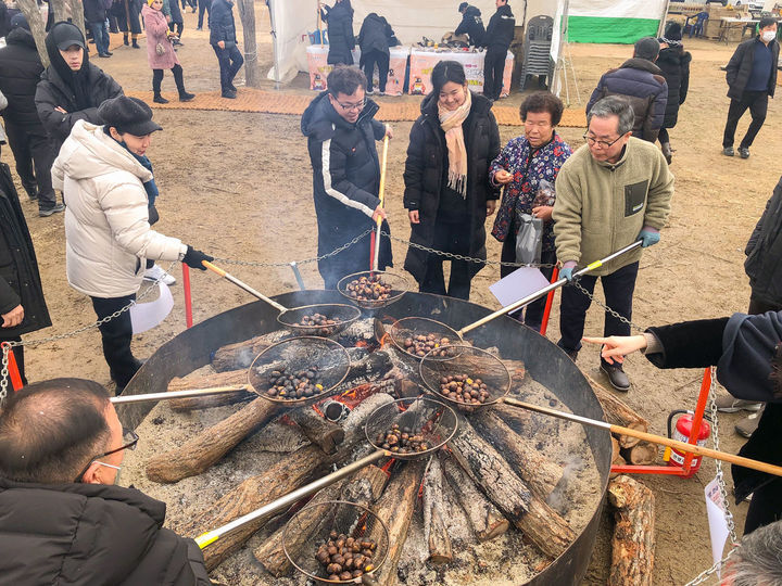 [공주=뉴시스] 군밤축제 및 알밤박람회 야외 체험장에서 관광객이 대형 화로에 밤을 굽고 있다.(사진=공주시 제공) 2024.01.26. *재판매 및 DB 금지