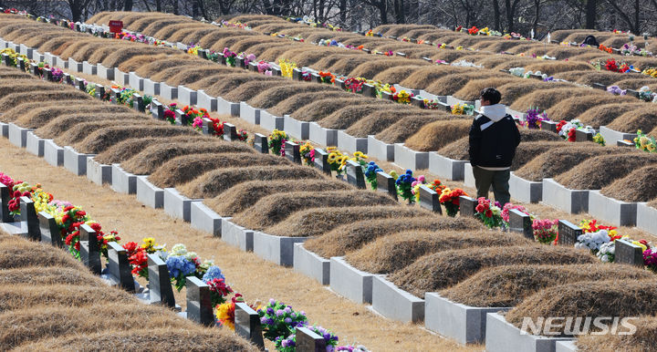 [파주=뉴시스] 최진석 기자 = 설 명절을 앞두고 28일 경기 파주 동화경모공원에서 성묘객이 조상의 묘를 찾아 성묘하고 있다. 2024.01.28. myjs@newsis.com