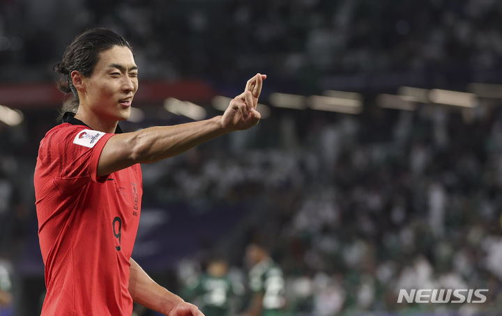 [알라이얀(카타르)=뉴시스] 김근수 기자 = 30일(현지시각) 카타르 알라이얀 에듀케이션 시티 스타디움에서 열린 아시아축구연맹(AFC) 2023 카타르 아시안컵 16강전 사우디아라비아 대 대한민국의 경기, 후반 조규성이 동점골을 넣고 기뻐하고 있다. 2024.01.31. ks@newsis.com