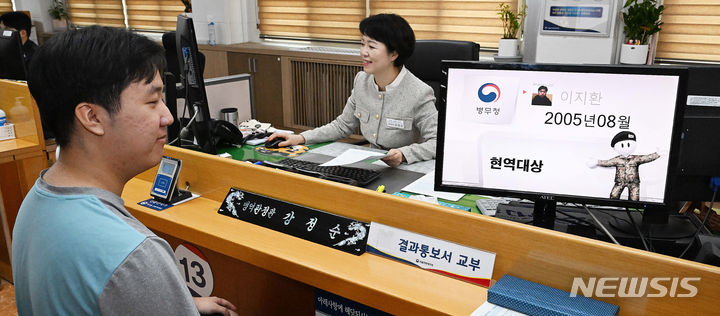 [서울=뉴시스] 김진아 기자 = 2024년도 첫 병역판정검사가 시작된 1일 서울 영등포구 서울지방병무청 제1병역판정검사장에서 입영대상자인 이지환 씨가 현역대상 판정을 받고 있다. (공동취재) 2024.02.01. photo@newsis.com