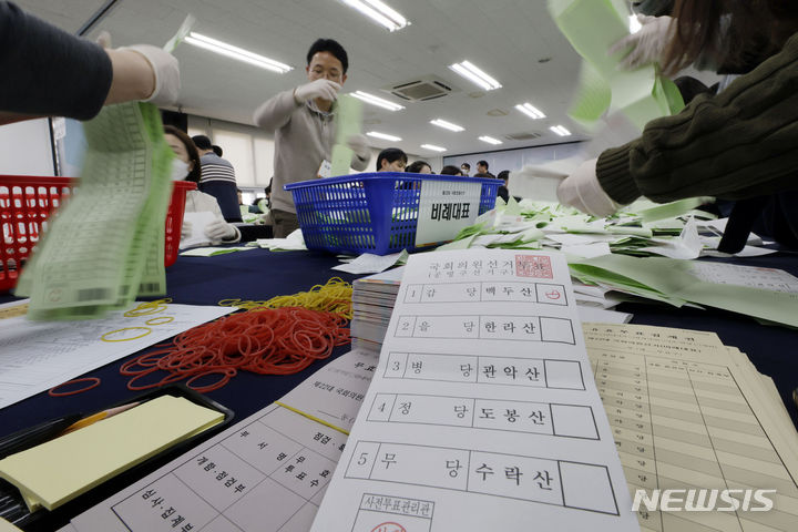 [서울=뉴시스] 최동준 기자 = 2일 서울 종로구 서울시선거관리위원회에서 선거관리위원회 직원들이 22대 총선 대비 모의개표 실습을 하고 있다. 2024.02.02. photocdj@newsis.com