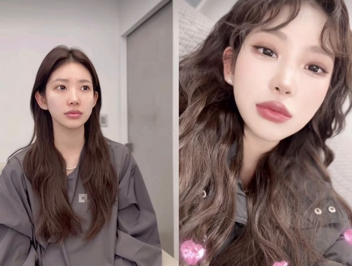 [서울=뉴시스] 인플루언서 최준희가 민낯(왼쪽)부터 풀메이크업까지의 과정을 공개했다. (사진=최준희 인스타그램 캡처) 2024.02.04. photo@newsis.com *재판매 및 DB 금지