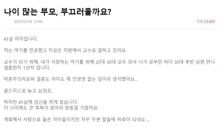 쌍둥이를 임신한 41세 임산부가 주변에서 '나이가 많아 아이가 나중에 부끄러워 할 것'이란 말을 들어 위축된다며 고민을 전했다. (사진=온라인 커뮤니티 '보배드림' 캡처) *재판매 및 DB 금지