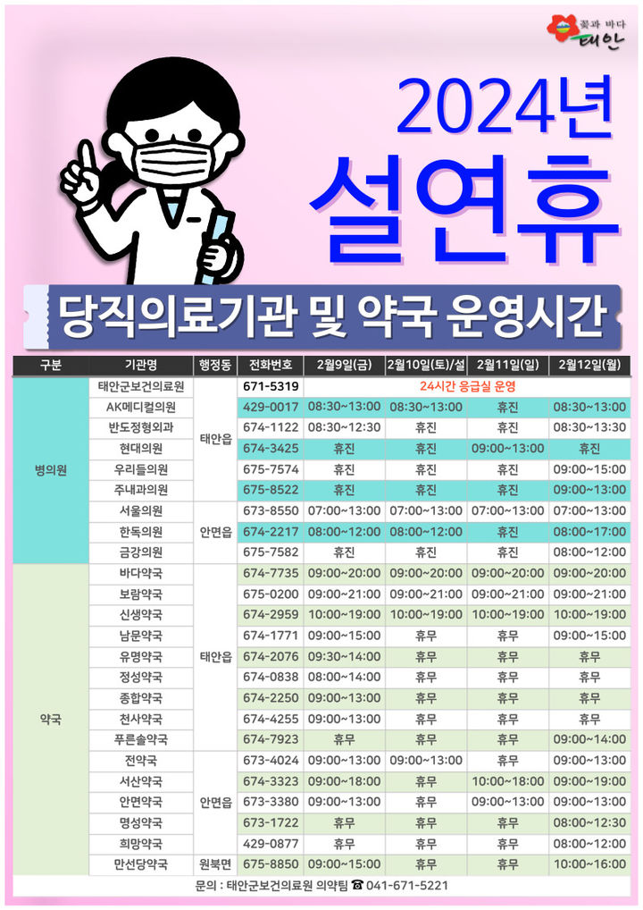 태안군 설 연휴 당직의료기간 및 약국의료시간 *재판매 및 DB 금지