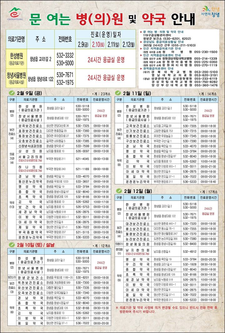 [창녕=뉴시스] 창녕군 문 여는 병·의원, 약국 안내 포스터. (사진=창녕군 제공) 2024.02.06. photo@newsis.com *재판매 및 DB 금지