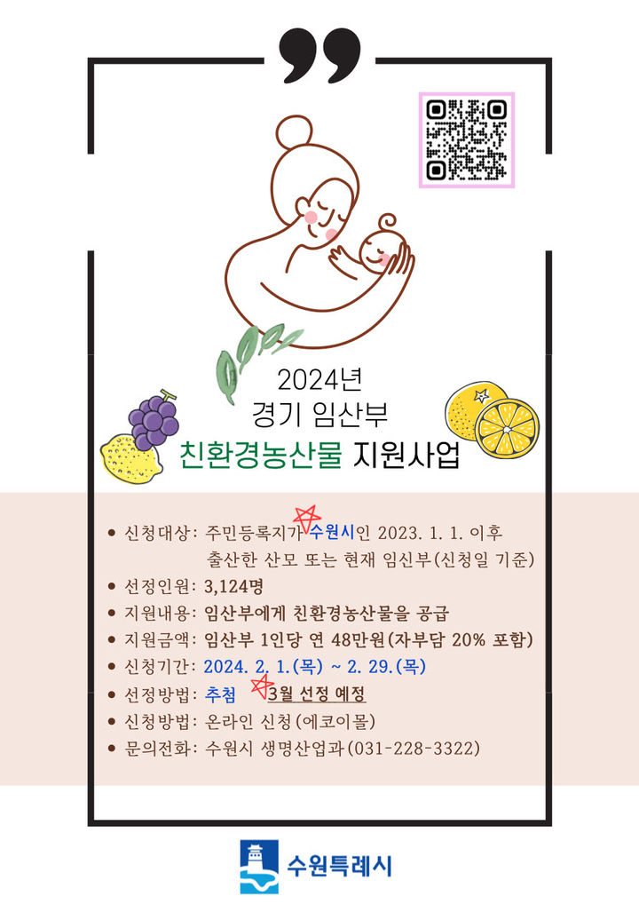 [수원=뉴시스] 임산부 친환경 농산물 지원사업 홍보물. (사진=수원시 제공) 2024.02.07. photo@newsis.com *재판매 및 DB 금지