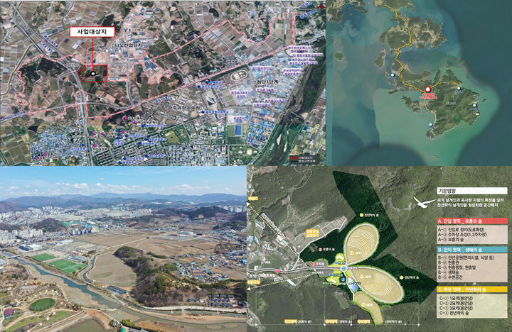 [장성=뉴시스] 2029년 부터 완공될 전남지역 발전 대형 국책사업. 장성 국립심뇌혈관센터 예정부지(위 왼쪽), 고흥 우주발사체 국가산단 부지(위 오른쪽), 순천 연향뜰 차세대 공공자원화 시설(아래 왼쪽), 국립 호국원 예정부지(아래 오른쪽). (사진=전남도청 제공). photo@newsis.com *재판매 및 DB 금지