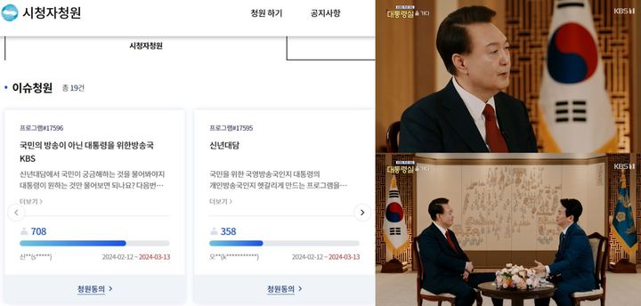 지난 7일 KBS '특별대담 대통령실을 가다'가 방영된 이후 KBS 시청자청원 게시판에 올라오던 항의글이 설 연휴가 끝난 12일 기준으로 쇄도하고 있다. (사진=KBS시청자청원, 보도자료 캡처) *재판매 및 DB 금지