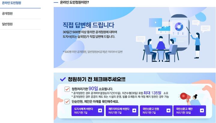 [제주=뉴시스] 제주도가 온라인 도민청원 직접 답변을 위한 동의 인원 수를 기존 1500명에서 500으로 하향 조정했다. (사진=제주도 인터넷 홈페이지 갈무리) 2024.02.14. photo@newsis.com *재판매 및 DB 금지