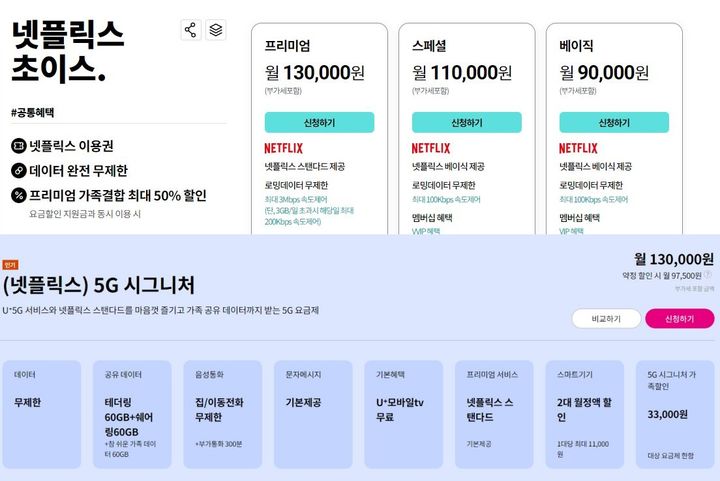 [서울=뉴시스] KT 초이스 프리미엄 요금제, LG유플러스 5G 시그니처 요금제 등 통신사 요금제 혜택으로 넷플릭스를 이용하는 고객은 친구나 같이 살지 않는 가족과 넷플릭스 계정을 유료로도 공유할 수 없다. 제휴사 상품으로 구독한 이용자가 '추가 회원'을 구매할 수 있는 경로를 넷플릭스가 막았기 때문이다. (사진=각 사 온라인몰 홈페이지 캡처) *재판매 및 DB 금지