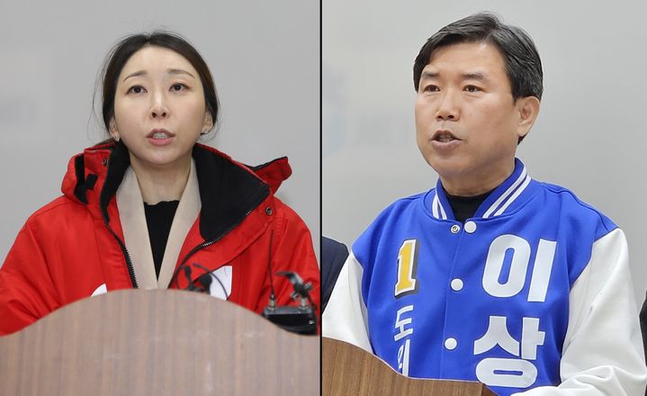 청주 9선거구 충북도의원 보궐선거 출마 선언하는 국민의힘 홍혜진(왼쪽) 예비후보와 더불어민주당 이상식 예비후보. *재판매 및 DB 금지