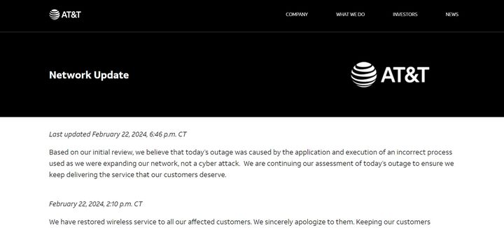 [뉴시스] 4일(현지시각) 미국 최대 통신사 에이티앤티(AT&T)가 약 4개월 만에 미 전역에서 또 다시 서비스 장애를 일으킨 것으로 전해졌다. 사진은 올해 2월 대규모 서비스 장애 발생 당시 복구 등을 알리는 AT&T 홈페이지 공지. (사진=AT&T 홈페이지) 2024.6.5 *재판매 및 DB 금지 *재판매 및 DB 금지