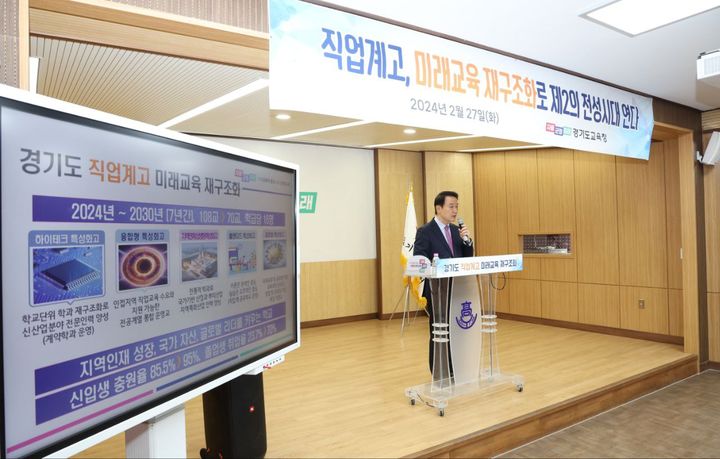 [부천=뉴시스] 27일 오전 임태희 경기도교육감이 부천공업고등학교 대회의실에서 열린 정책브리핑에서 도내 직업계고 미래교육 재구조화 전면 개편계획을 발표하고 있다. (사진=경기도교육청 제공) 2024.02.27. photo@newsis.com *재판매 및 DB 금지