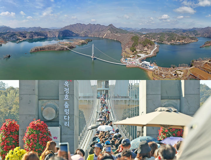 옥정호 붕어섬생태공원(위)의 모습과 옥정호 출렁다리에 모여든 인파(아래). *재판매 및 DB 금지